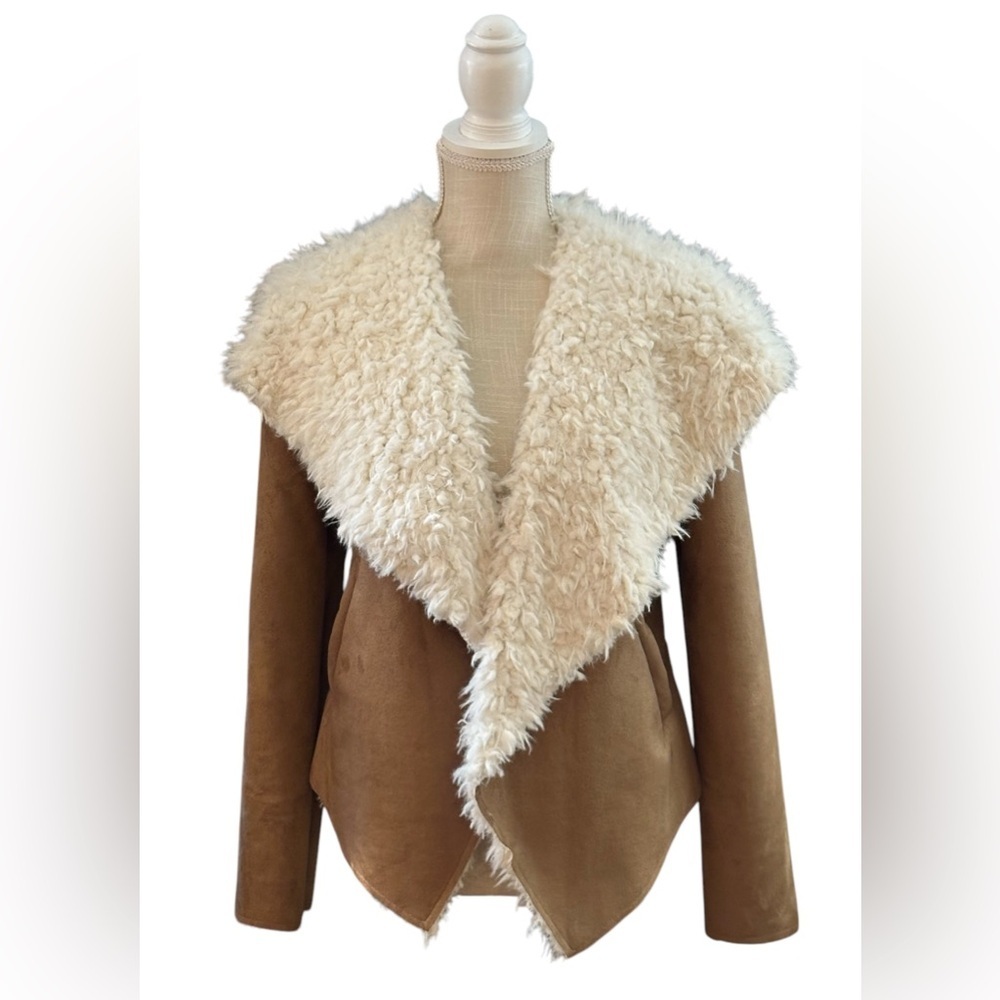 Women's Tan and Cream Shearling Jacket ~ Vegan Sherpa & Suede by Me Jane - Picture 3 of 16